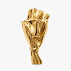Blomsterbuket-broche i guld med form som buket og lille rum til friske blomster.
