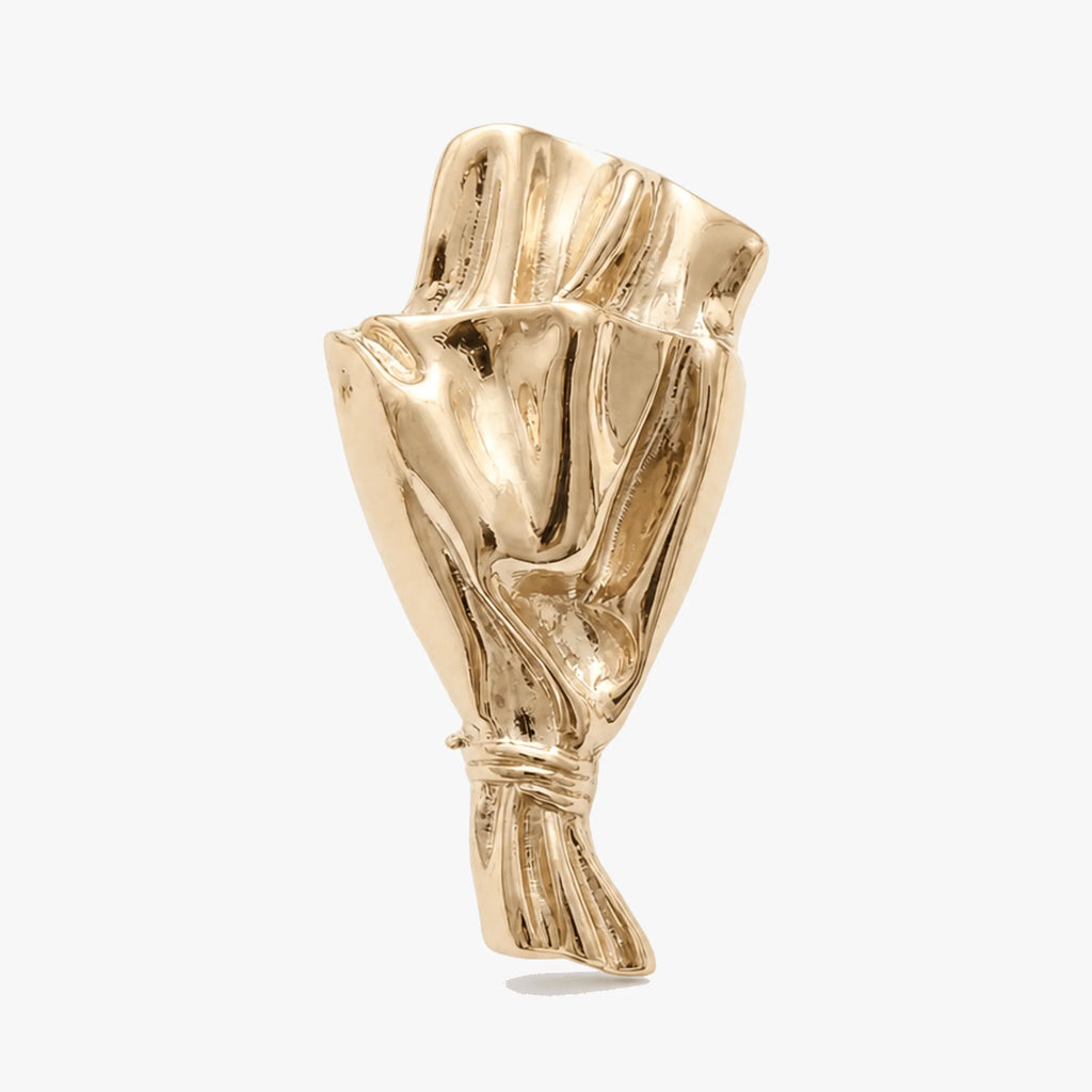 Blomstebuket-broche i guldfarvet metal, formet som buket med plads til friske blomster