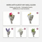 Produktkort med flere blomsterbuket-brocher i sølv og guld, vist som udvalg.