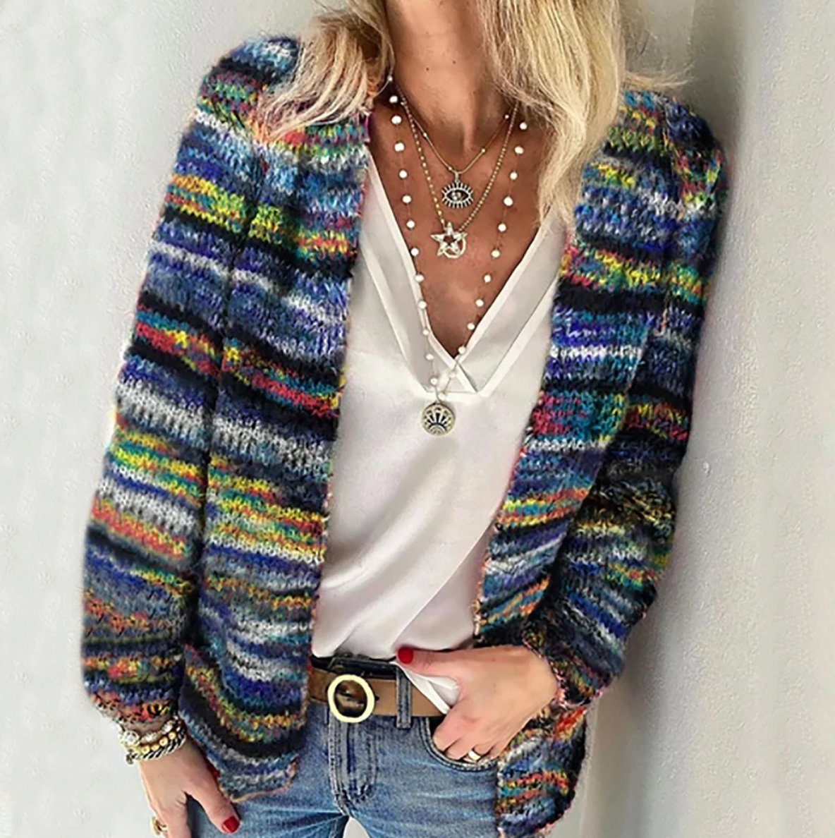 Freja Cardigan Dame | Flerfarvet Strikket, Afslappet Pasform 1