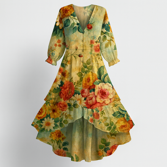 Gina Vintage Boho Kjole | Blomstret V-Hals, Letvægtsmateriale 0
