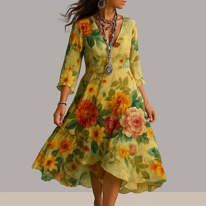 Gina Vintage Boho Kjole | Blomstret V-Hals, Letvægtsmateriale 1