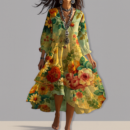 Gina Vintage Boho Kjole | Blomstret V-Hals, Letvægtsmateriale 2