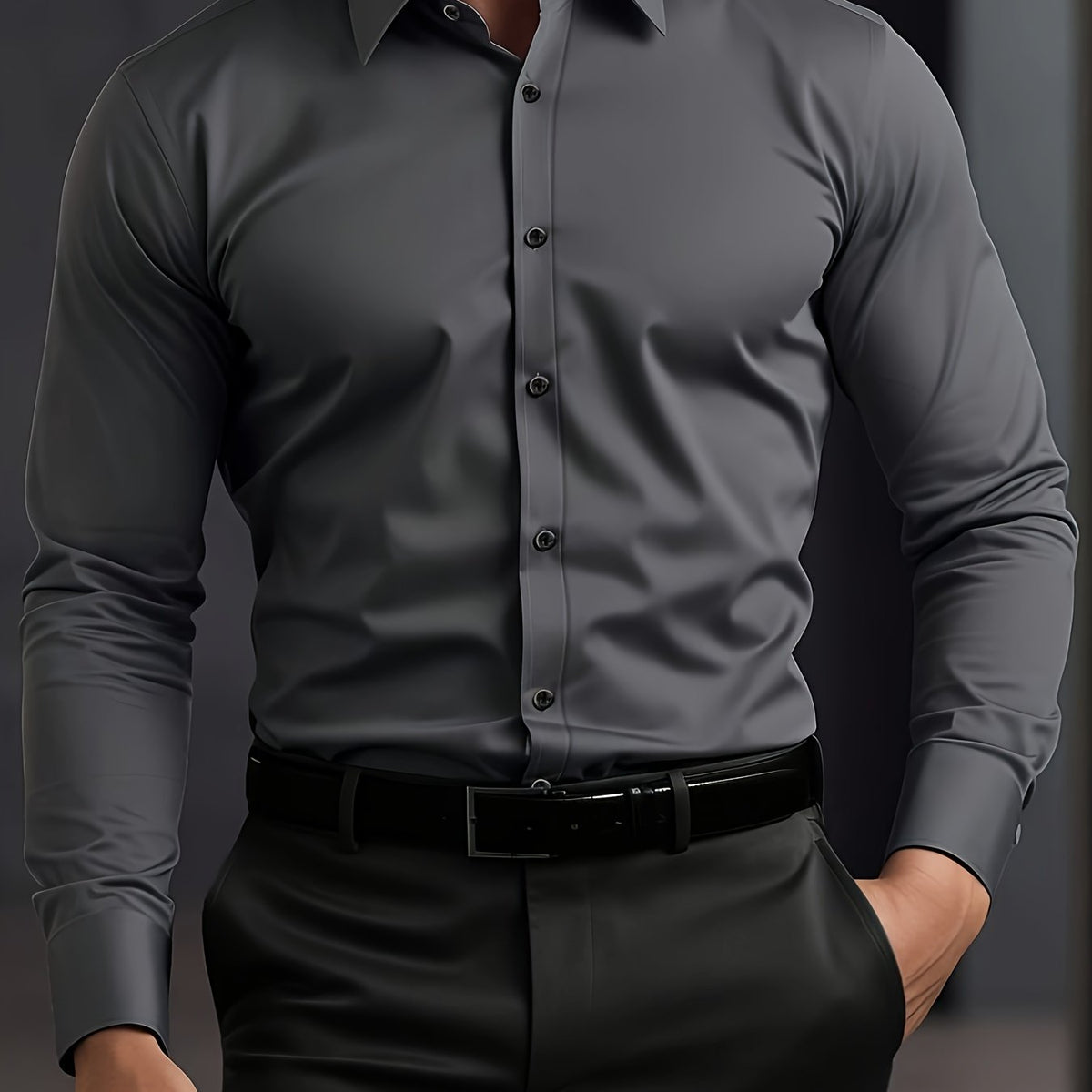 Langærmet skjorte i mørkegrå med knaplukning og spidse krave; tætsiddende look.