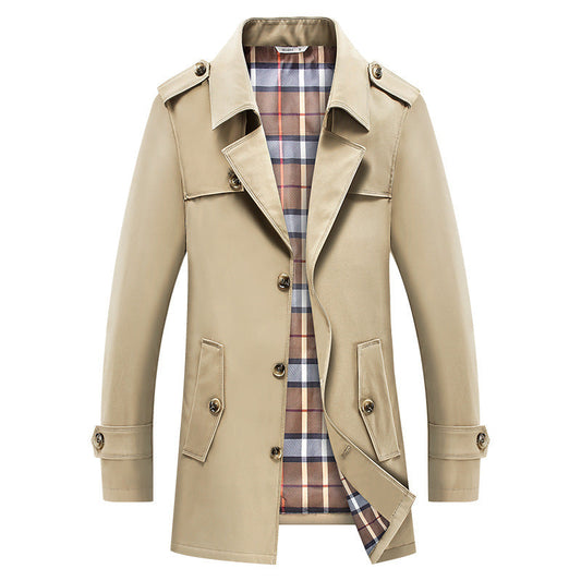 Khaki trenchcoat med ternet for, slag, knapper og skjulte lommer