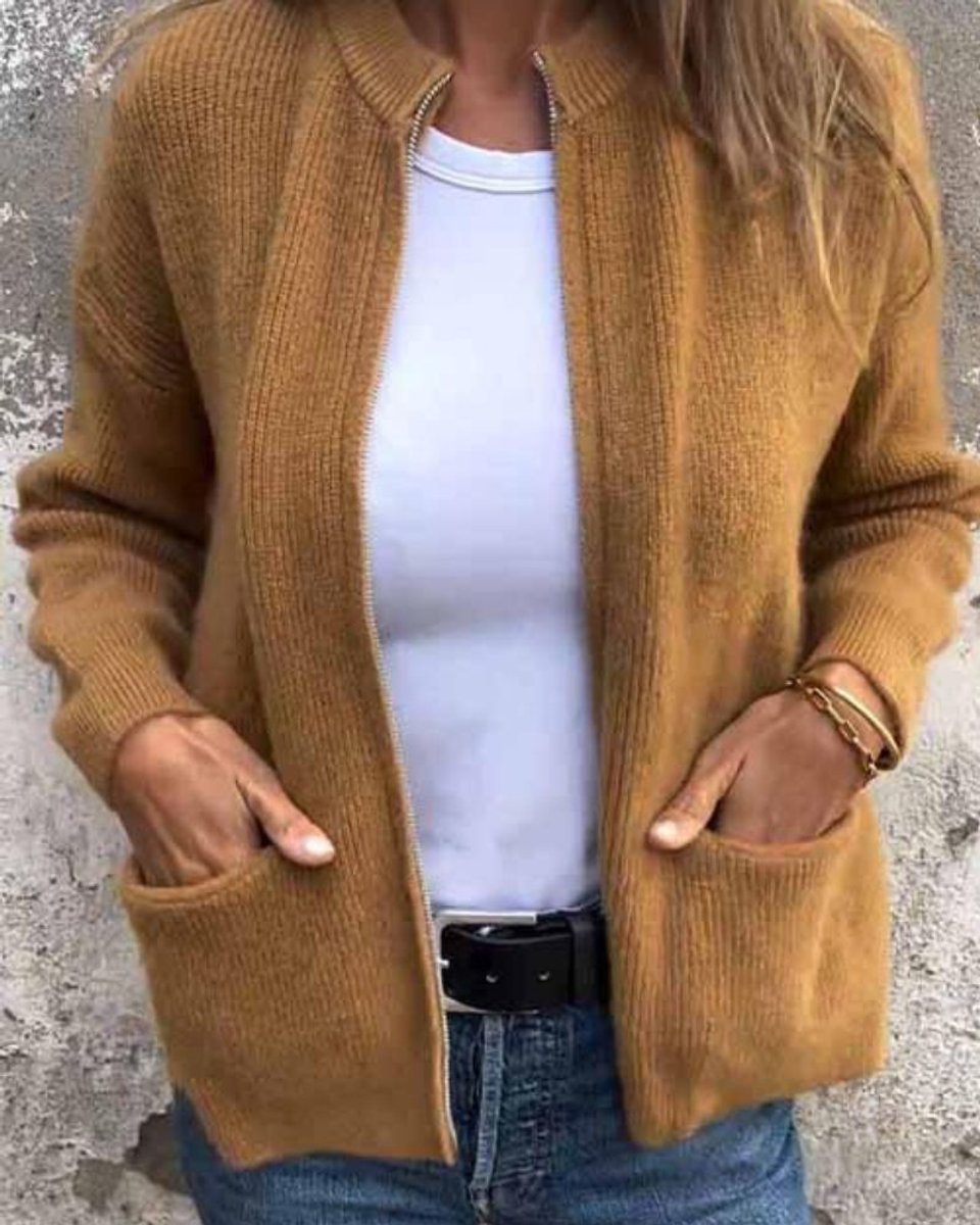 Ida Cardigan Dame | Strikket Lynlås, Afslappet Pasform, Lommer 2