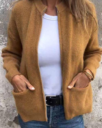 Ida Cardigan Dame | Strikket Lynlås, Afslappet Pasform, Lommer 2