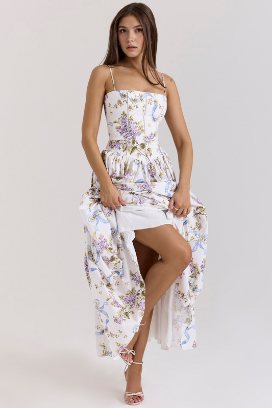 Imogen Maxi Kjole | Ærmeløs A-Linje, Blomsterprint, Lange Hvide Kjoler 1