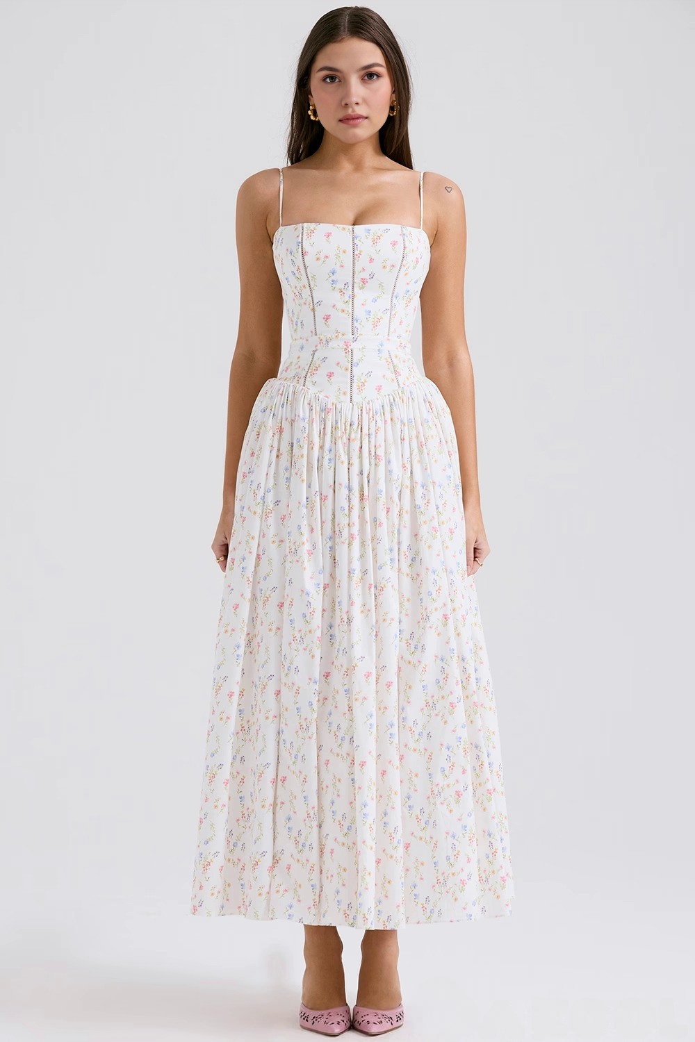 Imogen Maxi Kjole | Ærmeløs A-Linje, Blomsterprint, Lange Hvide Kjoler 11