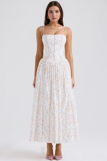 Imogen Maxi Kjole | Ærmeløs A-Linje, Blomsterprint, Lange Hvide Kjoler 11