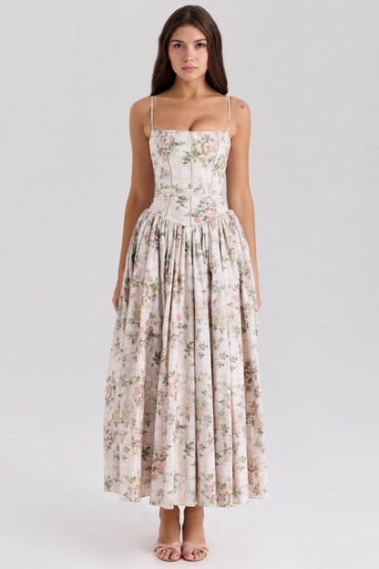 Imogen Maxi Kjole | Ærmeløs A-Linje, Blomsterprint, Lange Hvide Kjoler 13