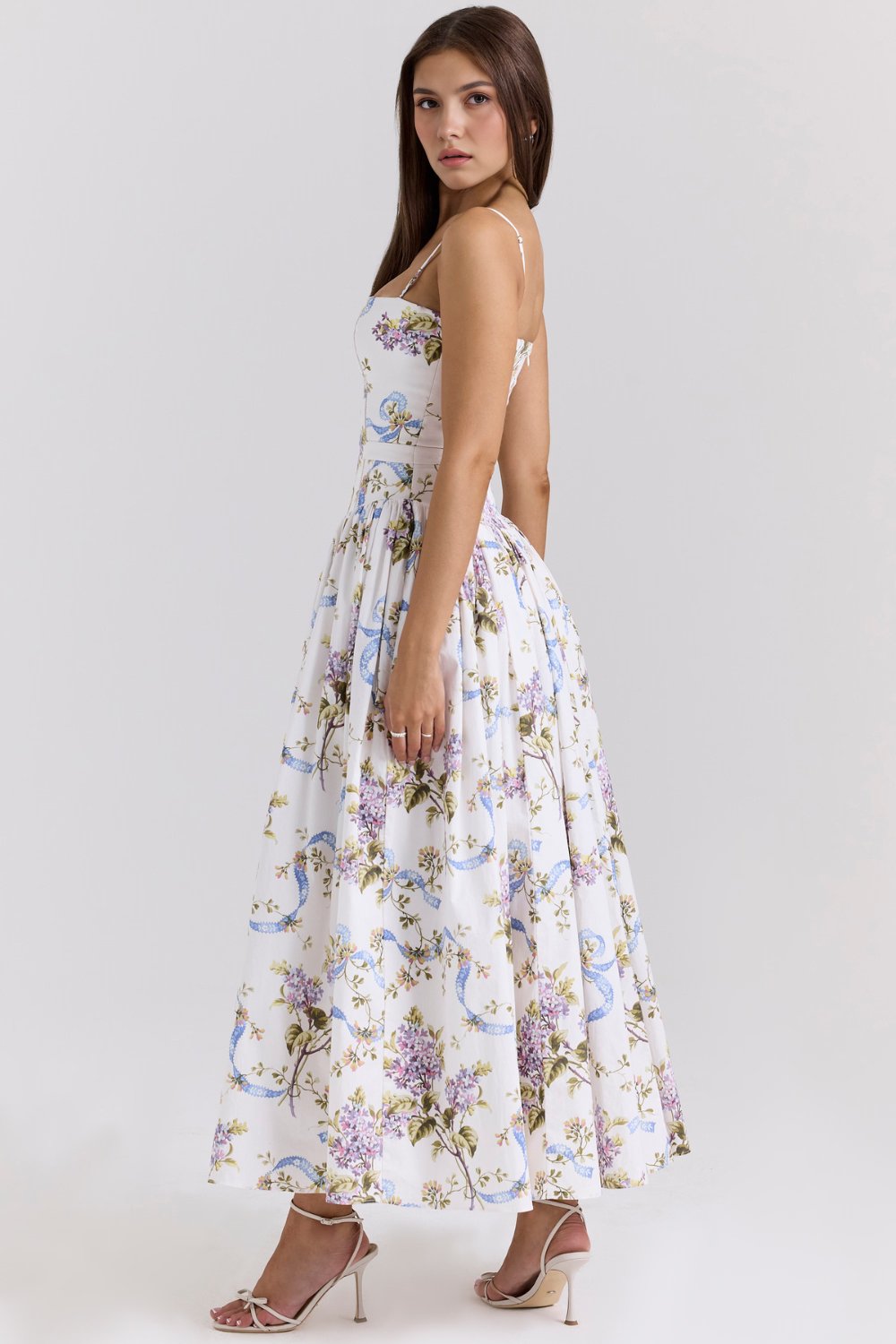 Imogen Maxi Kjole | Ærmeløs A-Linje, Blomsterprint, Lange Hvide Kjoler 2