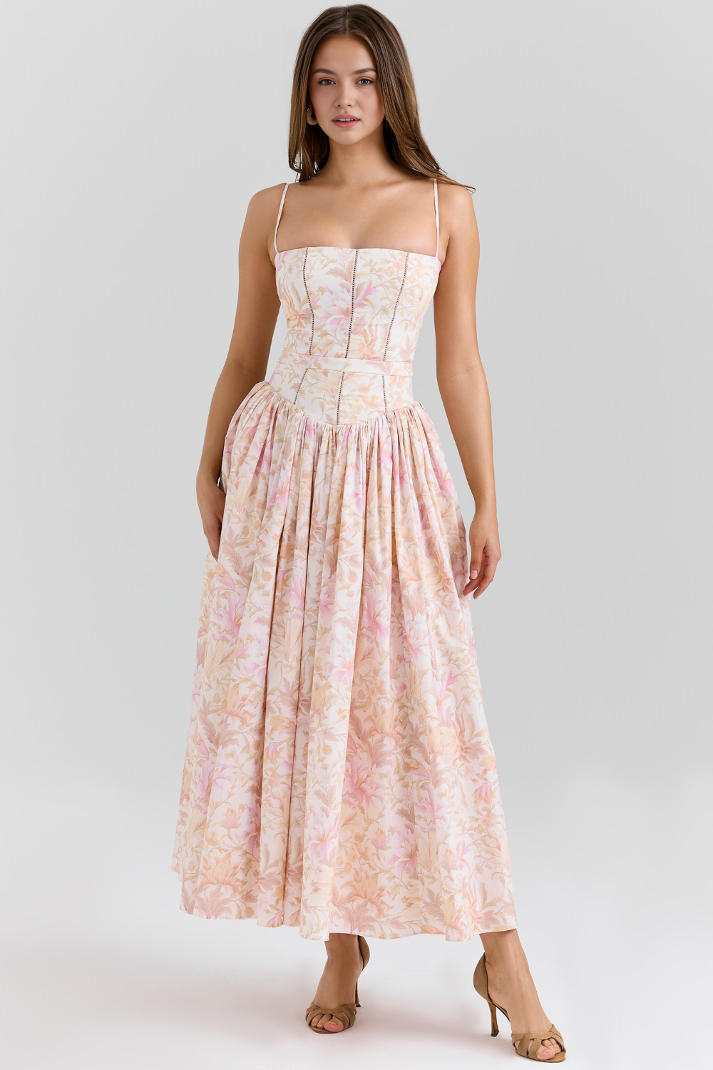 Imogen Maxi Kjole | Ærmeløs A-Linje, Blomsterprint, Lange Hvide Kjoler 4