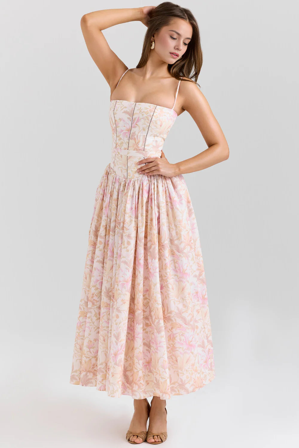 Imogen Maxi Kjole | Ærmeløs A-Linje, Blomsterprint, Lange Hvide Kjoler 5