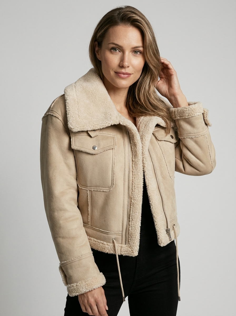Kort aviatorjakke i beige med teddykrave og skrå lynlås, brystlommer med klap