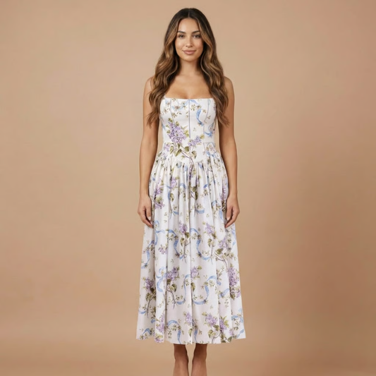 Kira Floral Midi-kjole | Kvinders Bryllupsgæst, Lige Hals 0