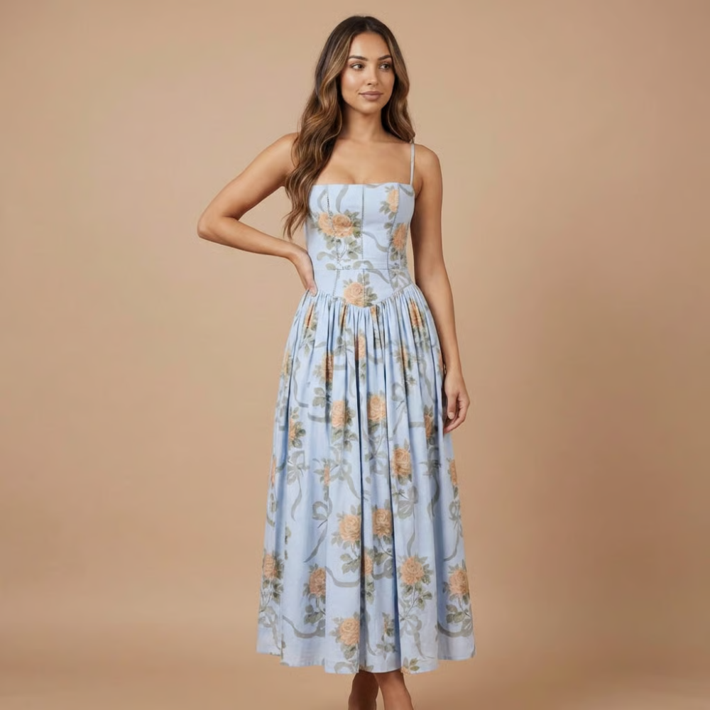 Kira Floral Midi-kjole | Kvinders Bryllupsgæst, Lige Hals 4