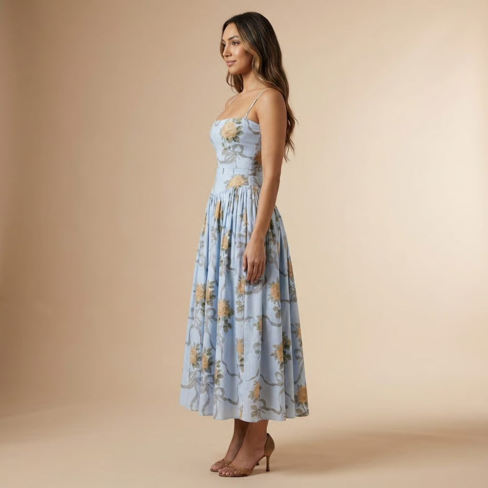 Kira Floral Midi-kjole | Kvinders Bryllupsgæst, Lige Hals 5