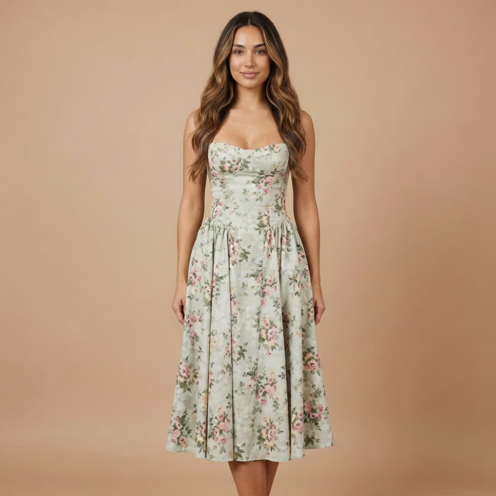 Kira Floral Midi-kjole | Kvinders Bryllupsgæst, Lige Hals 6