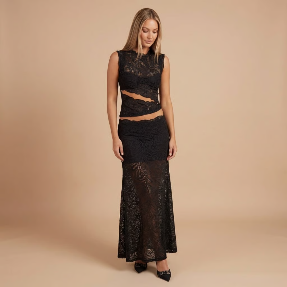 Klara Cocktail Set | Elegant Lace Maxi Skirt with High Neck Top 4