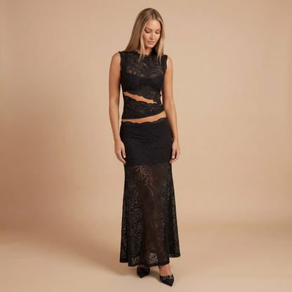 Klara Cocktail Set | Elegant Lace Maxi Skirt with High Neck Top 4