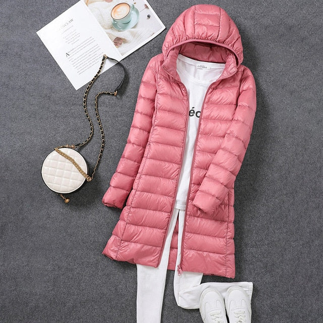 Iris | Long puffer jacket with hood and horizontal quilting