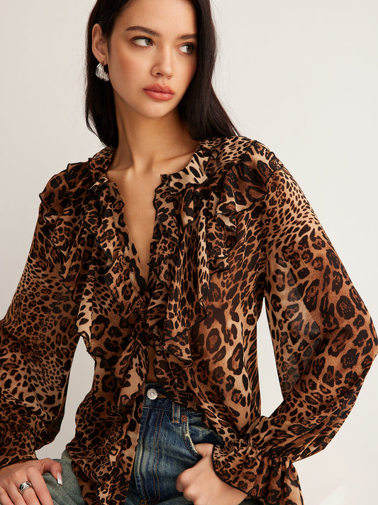 Liora Chiffonbluse | Leopardprint, Flæseudskæring 0