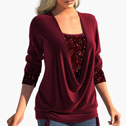 Liva Langærmet Bluse | Elegant Drapering, Pailletdetaljer 0