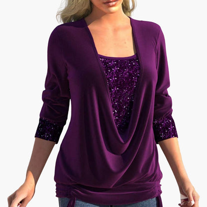 Liva Langærmet Bluse | Elegant Drapering, Pailletdetaljer 1