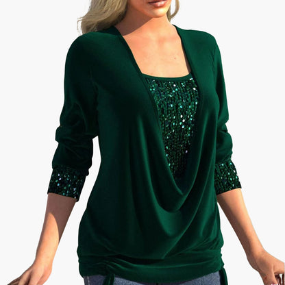 Liva Langærmet Bluse | Elegant Drapering, Pailletdetaljer 3