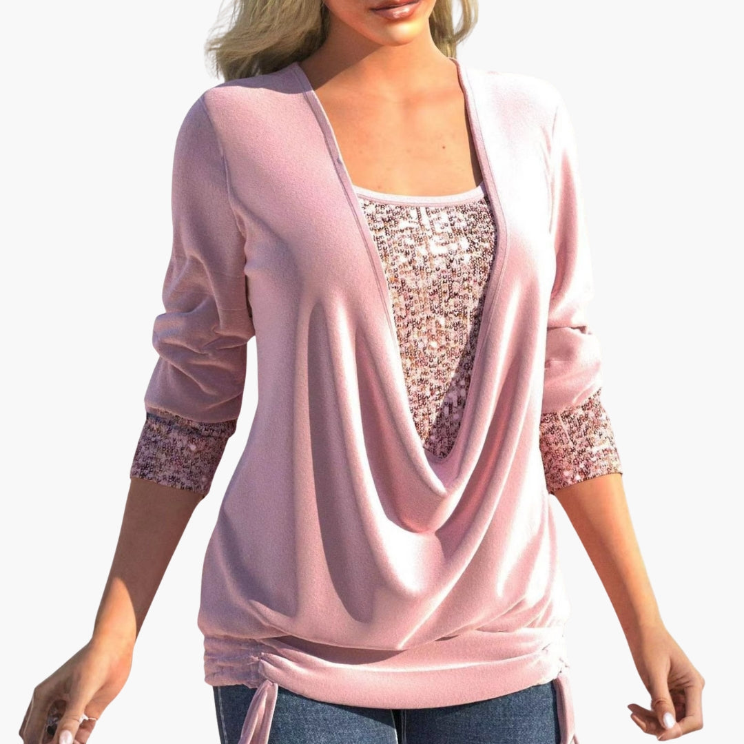Liva Langærmet Bluse | Elegant Drapering, Pailletdetaljer 4