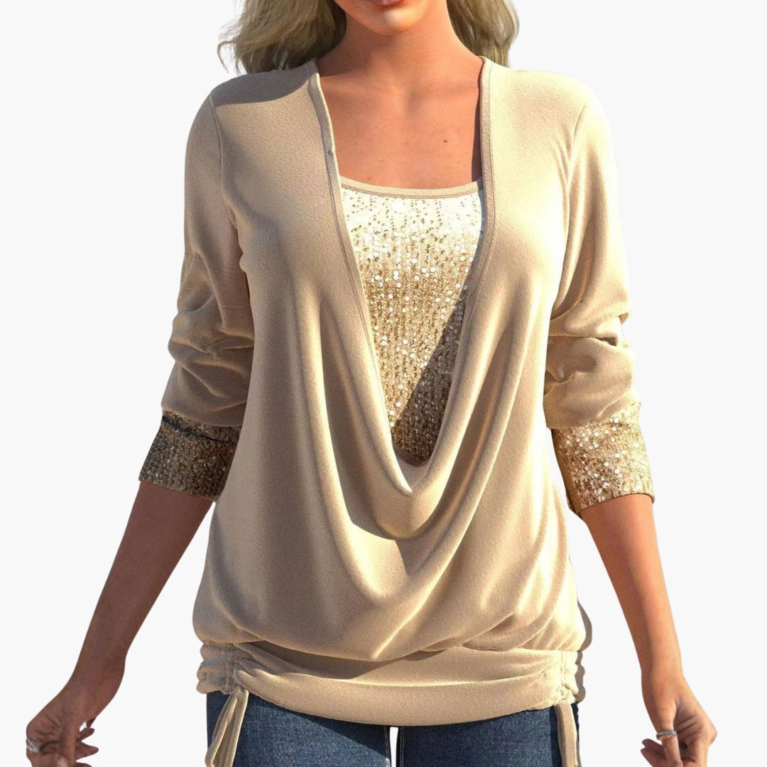 Liva Langærmet Bluse | Elegant Drapering, Pailletdetaljer 5