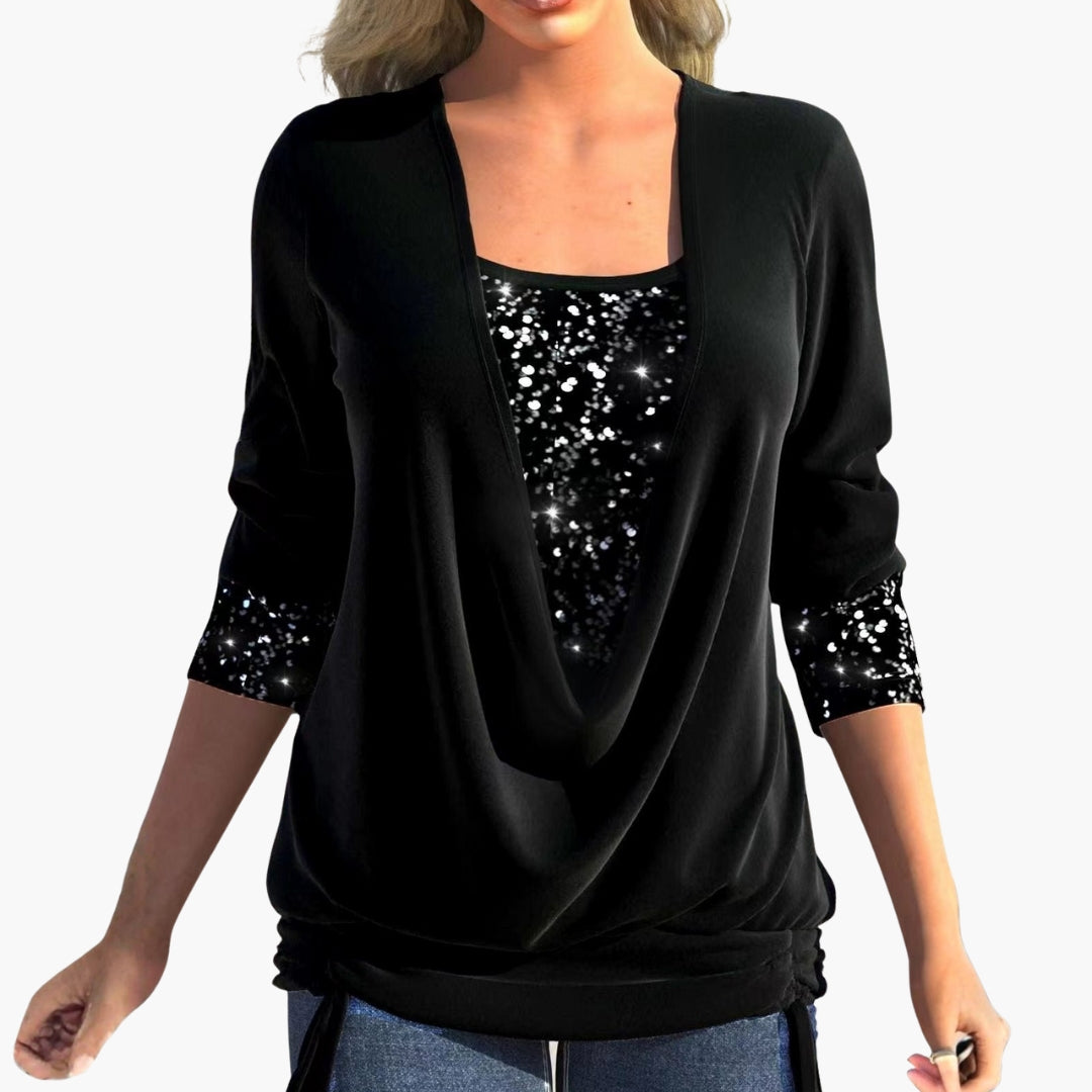 Liva Langærmet Bluse | Elegant Drapering, Pailletdetaljer 6