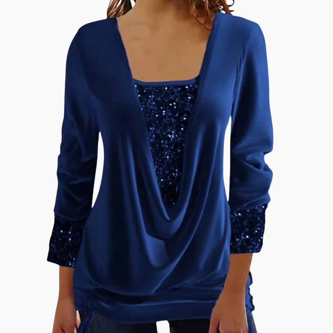 Liva Langærmet Bluse | Elegant Drapering, Pailletdetaljer 7