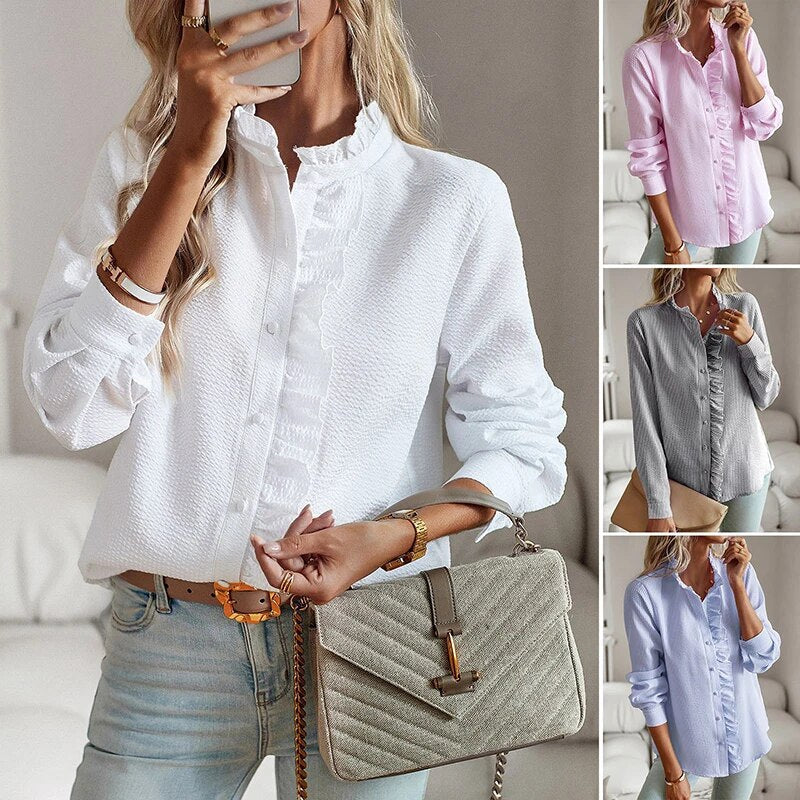 Livia Bluse | Flæsedetaljer, Button-Down, Langærmet 8