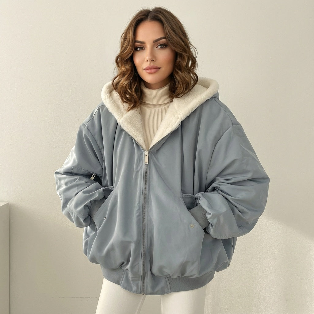 Luna Bomber Jakke Dame | Vendbar, Oversize Teddy Design, Hætte 0