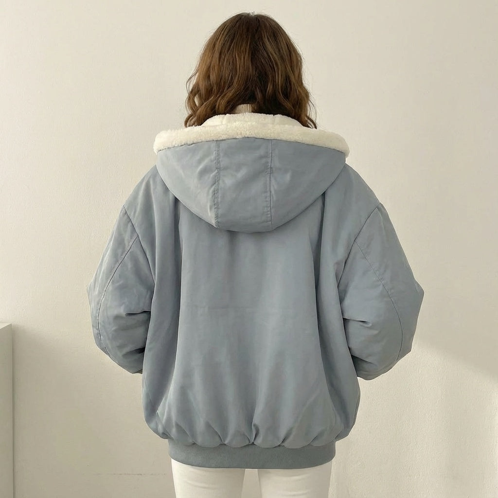 Luna Bomber Jakke Dame | Vendbar, Oversize Teddy Design, Hætte 1
