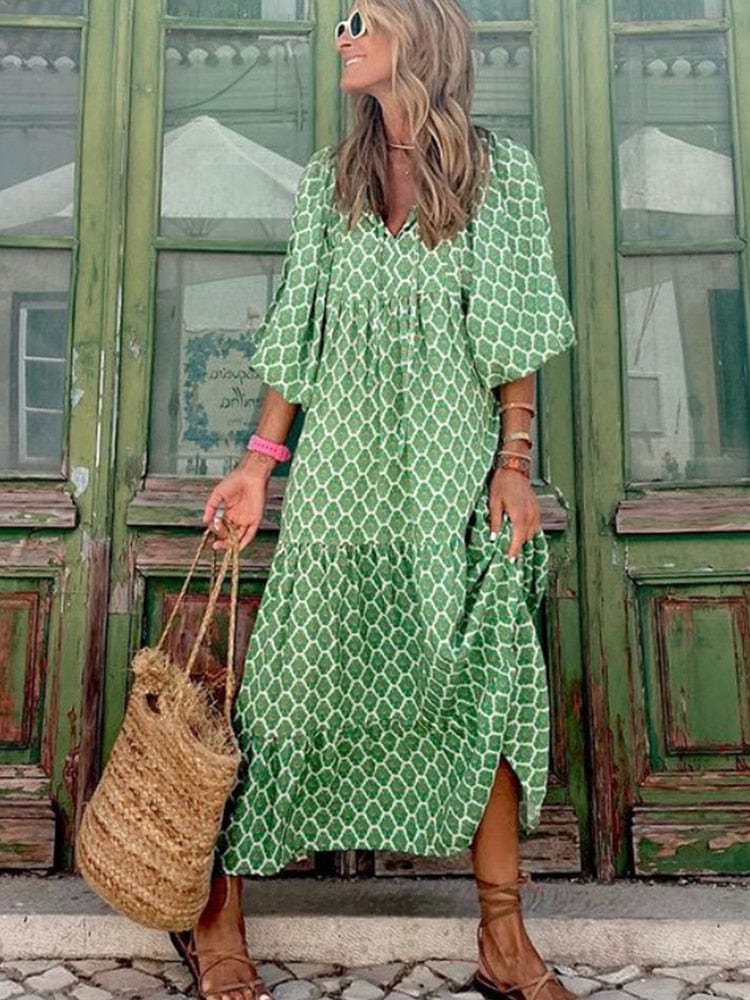 Luna Langærmet Maxi Kjole | Tropisk Print, Boho Stil 0