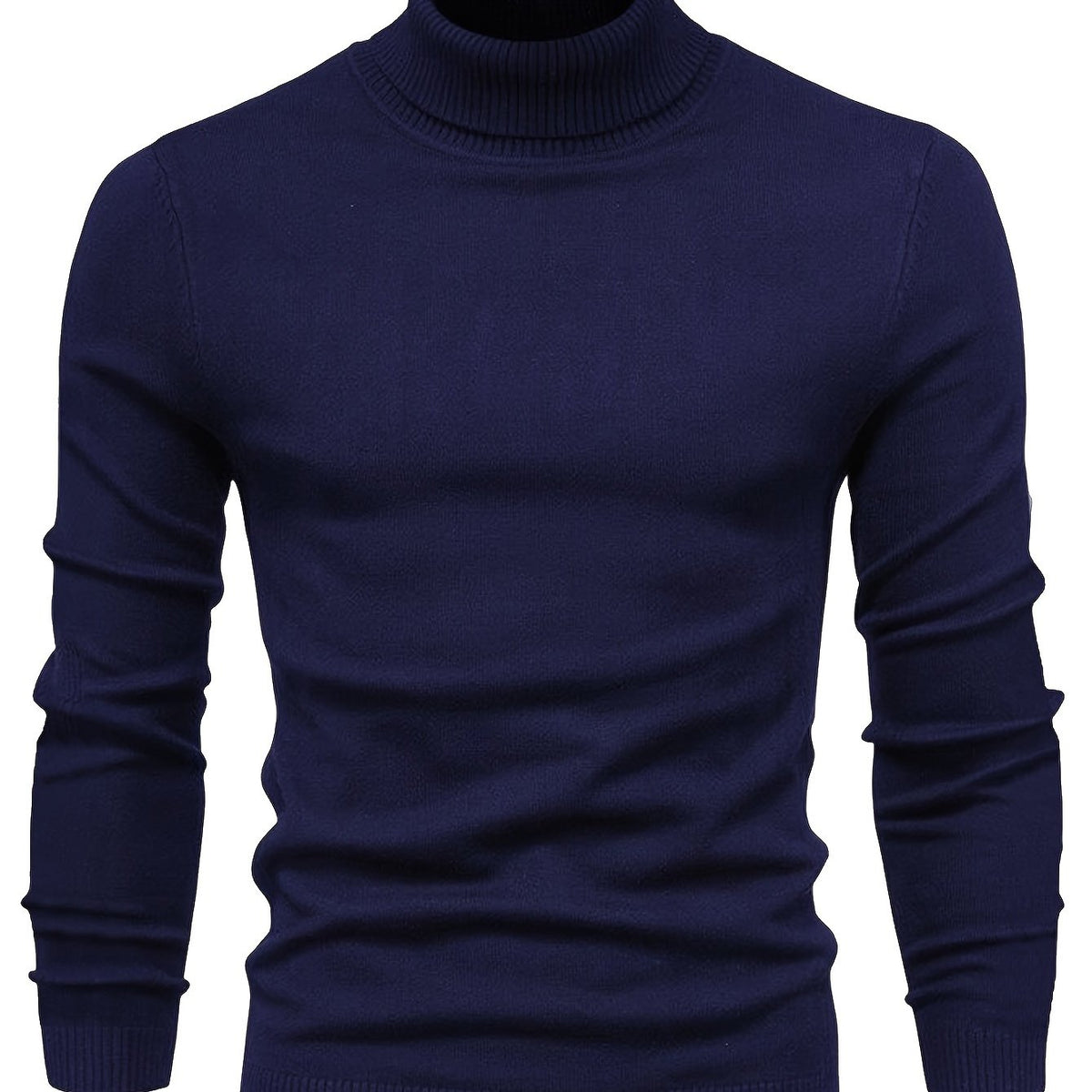 Klassisk sweater med høj hals i mørkeblå med ribbet krave, manchetter og nederkant.
