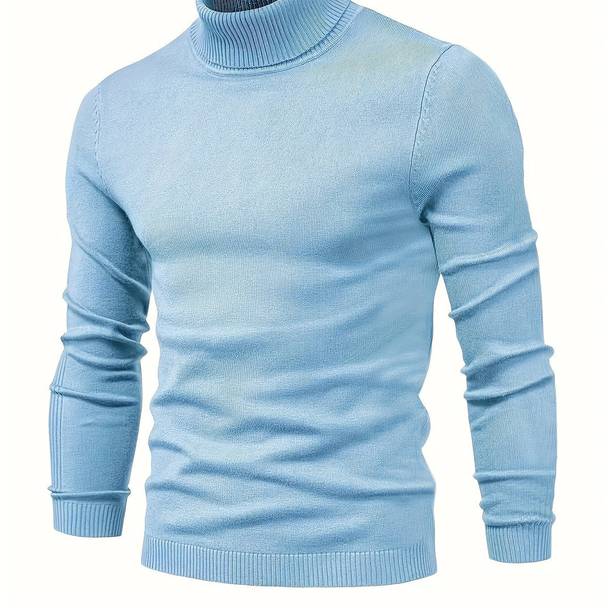 Klassisk sweater med høj hals i lyseblå med ribbet krave, manchetter og nederkant.