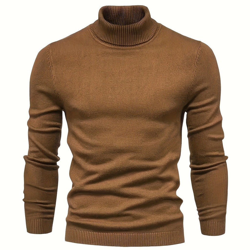 Klassisk sweater med høj hals i camelbrun med ribbet krave, manchetter og kant.