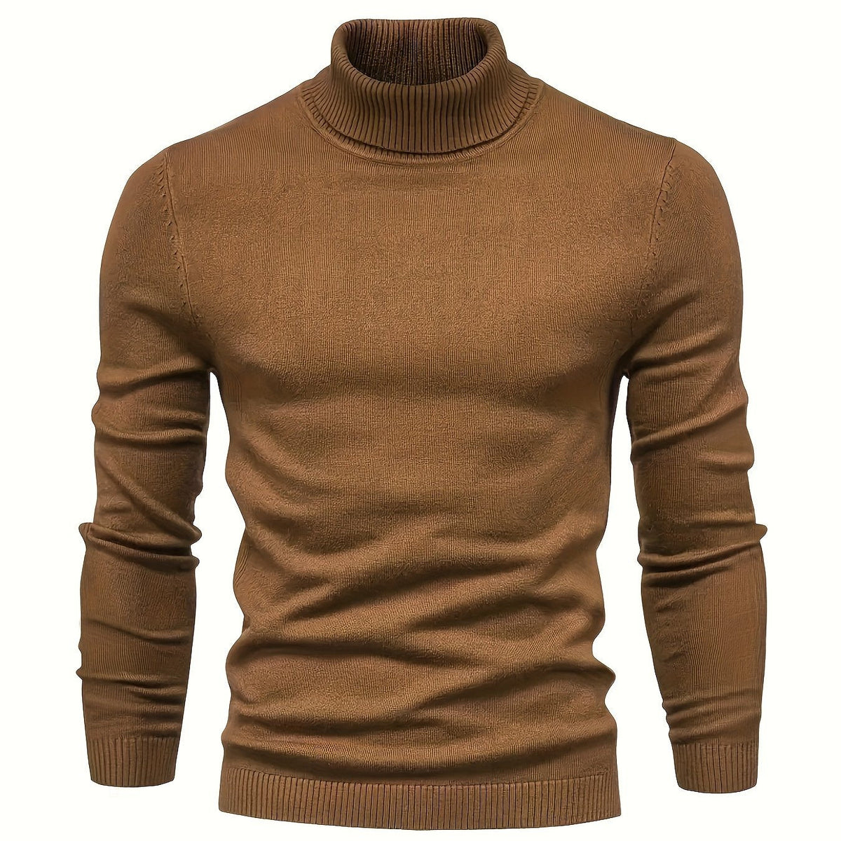 Klassisk sweater med høj hals i camelbrun med ribbet krave, manchetter og kant.