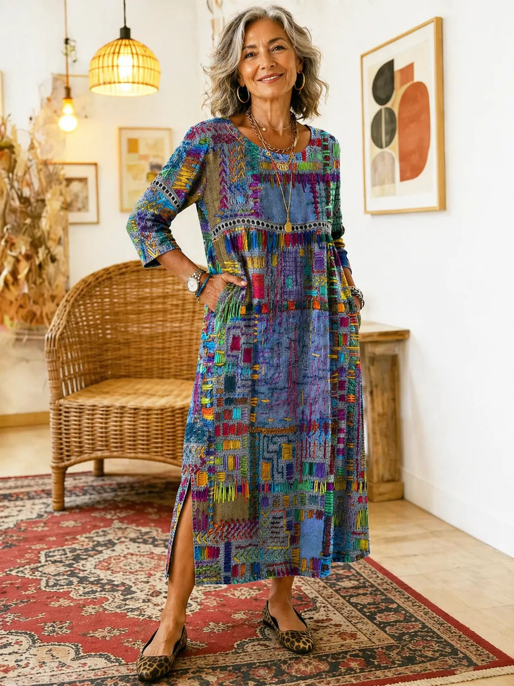 Flerfarvet maxikjole med patchwork-print og rund hals, synlig sideslid.