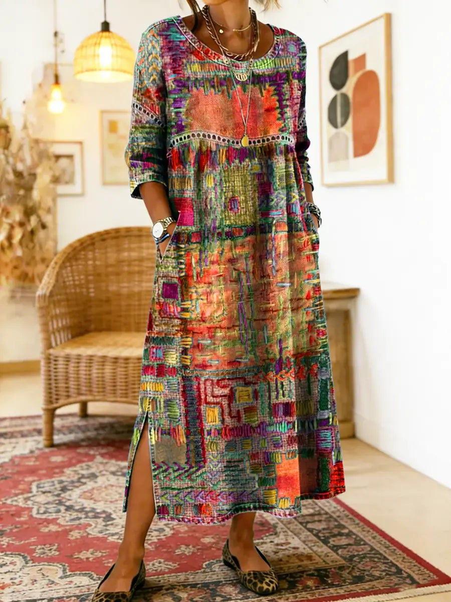 Flerfarvet maxikjole med patchwork-print, rund hals og sideslid ved skridtet.