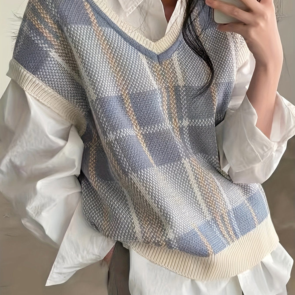 Vintage ternet sweatervest med V-hals i lys blå og beige, strikket ribkant