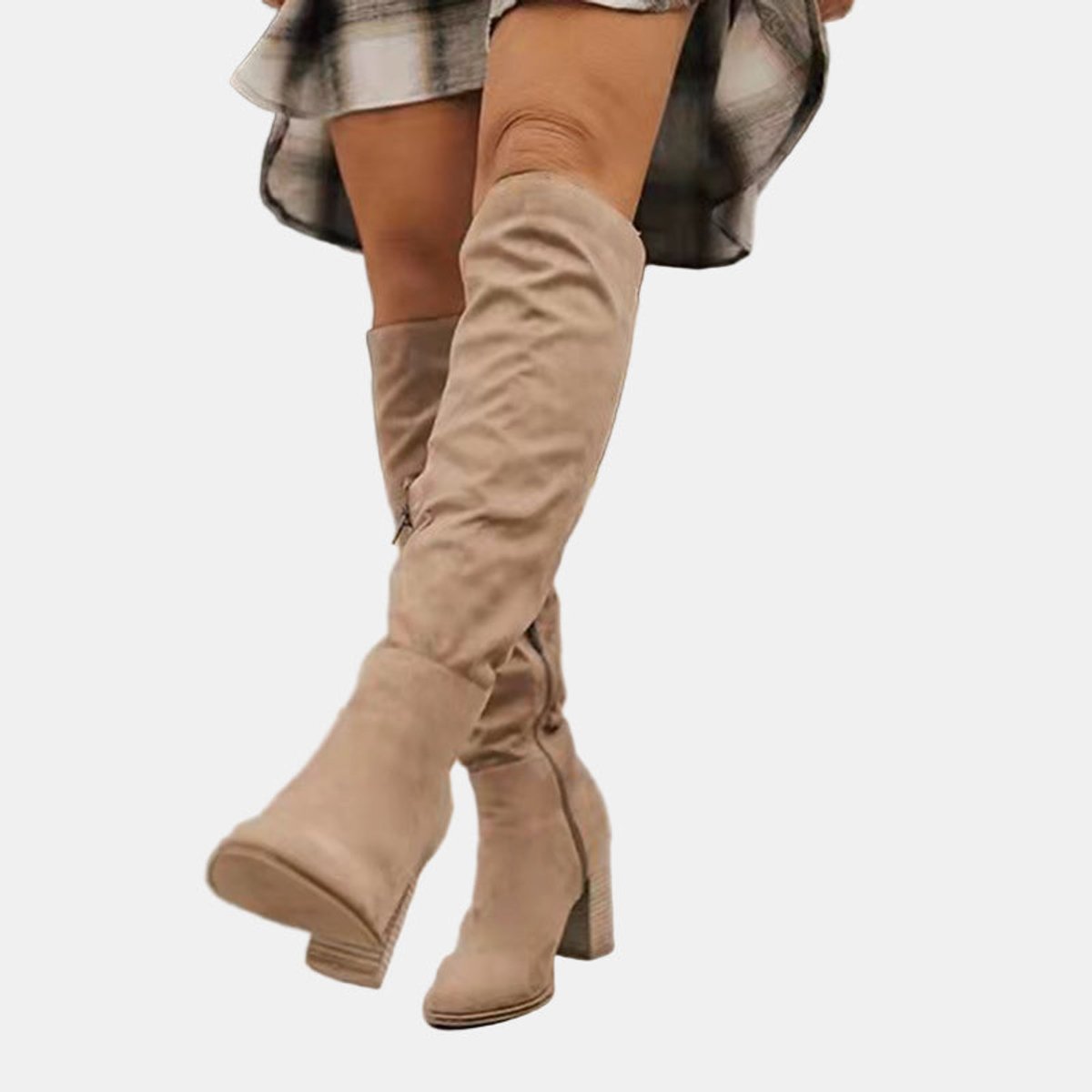 Merve Dame Støvler | Over-Knee, Blokhæl, Ruskindslook, Lynlås 0