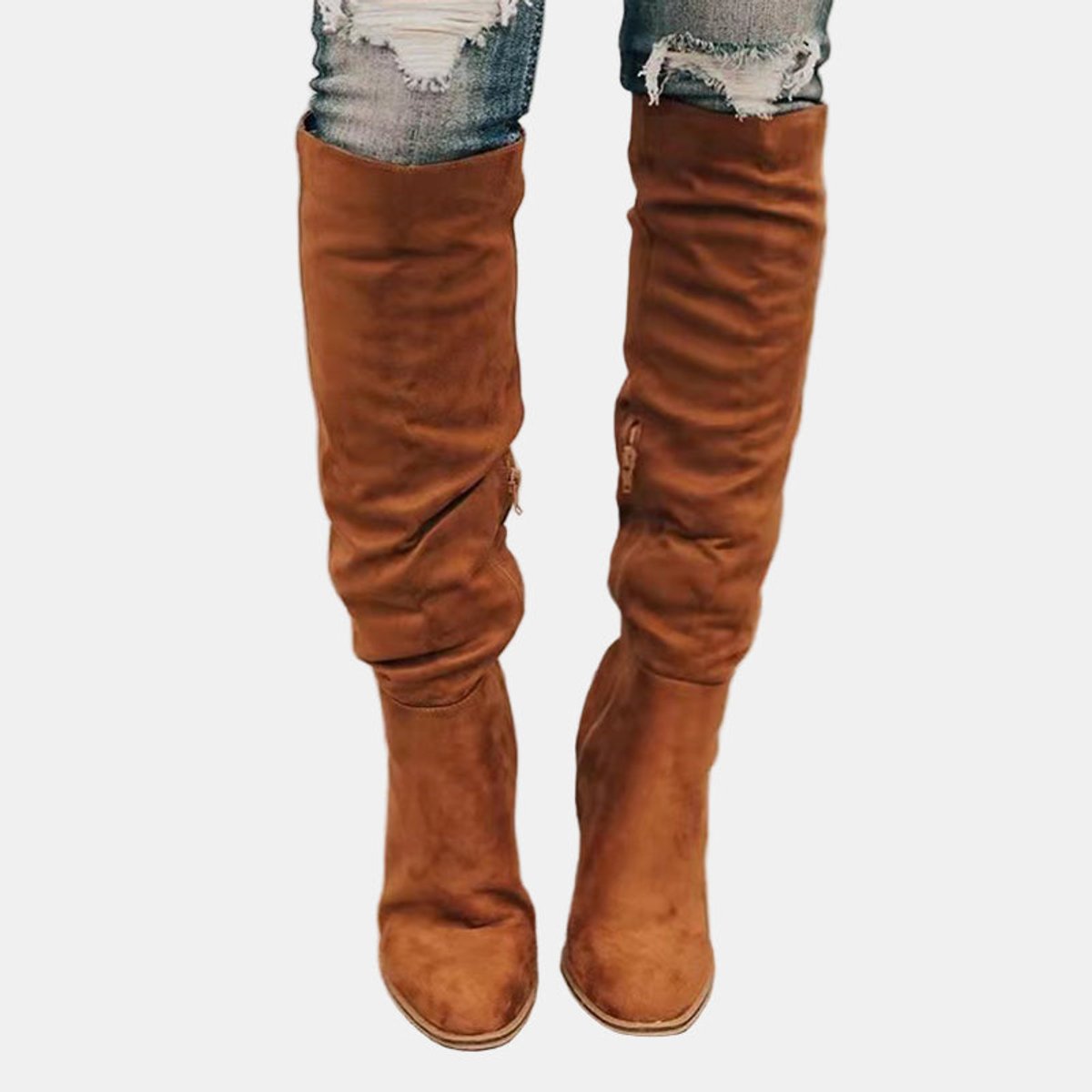 Merve Dame Støvler | Over-Knee, Blokhæl, Ruskindslook, Lynlås 2