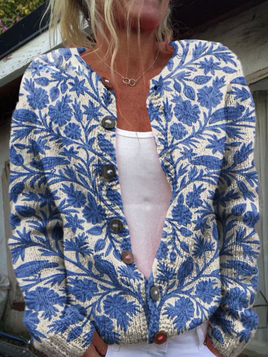 Milo Cardigan Dame | Blomsterstrikket, Rundhalset med Knapper 0