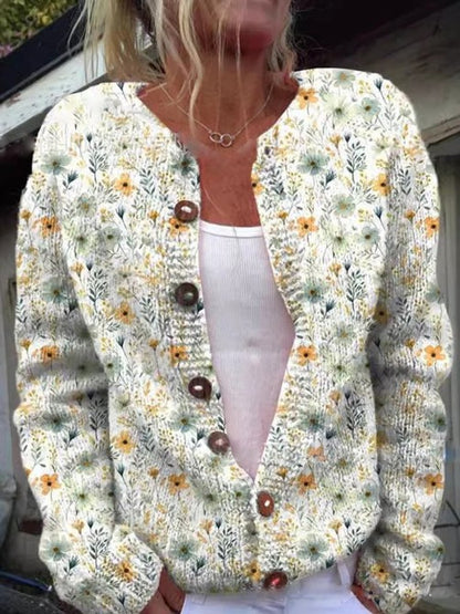 Milo Cardigan Dame | Blomsterstrikket, Rundhalset med Knapper 1