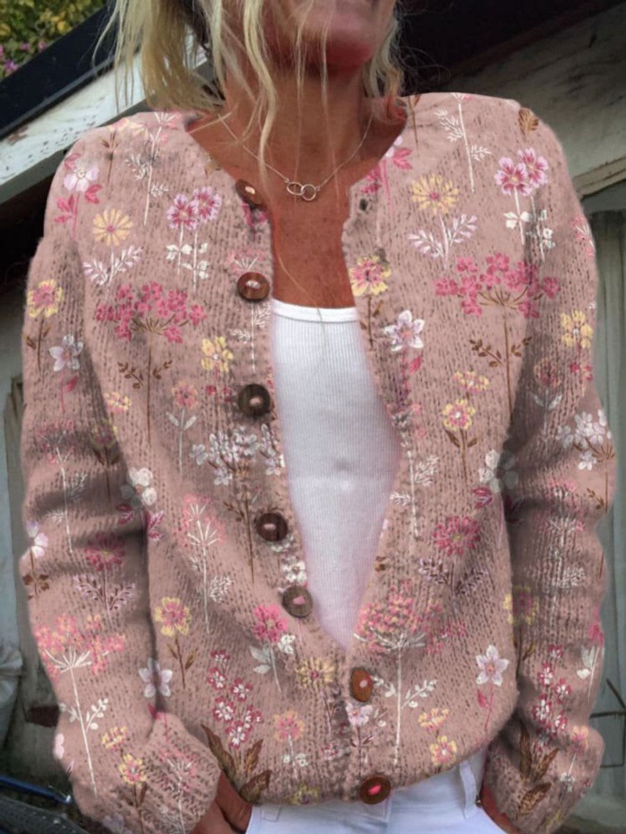 Milo Cardigan Dame | Blomsterstrikket, Rundhalset med Knapper 2